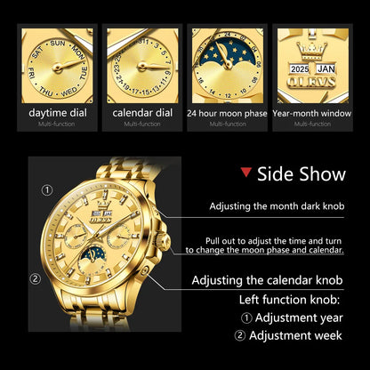 OELVS 7070 New Mens Watch Luxury Automatic Mechanical Watches For Man Moon Phase Waterproof Luminous Steel Watch Gift Box Reloj