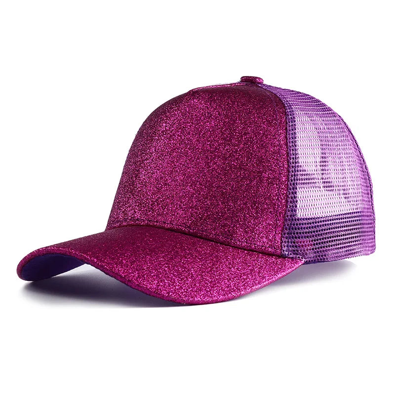 Letnia czapka z daszkiem z brokatem, z wysokim karkiem, damska czapka typu snapback, czapki typu trucker z siateczką w kolorach czarnym, białym i różowym dla kobiet Gorra