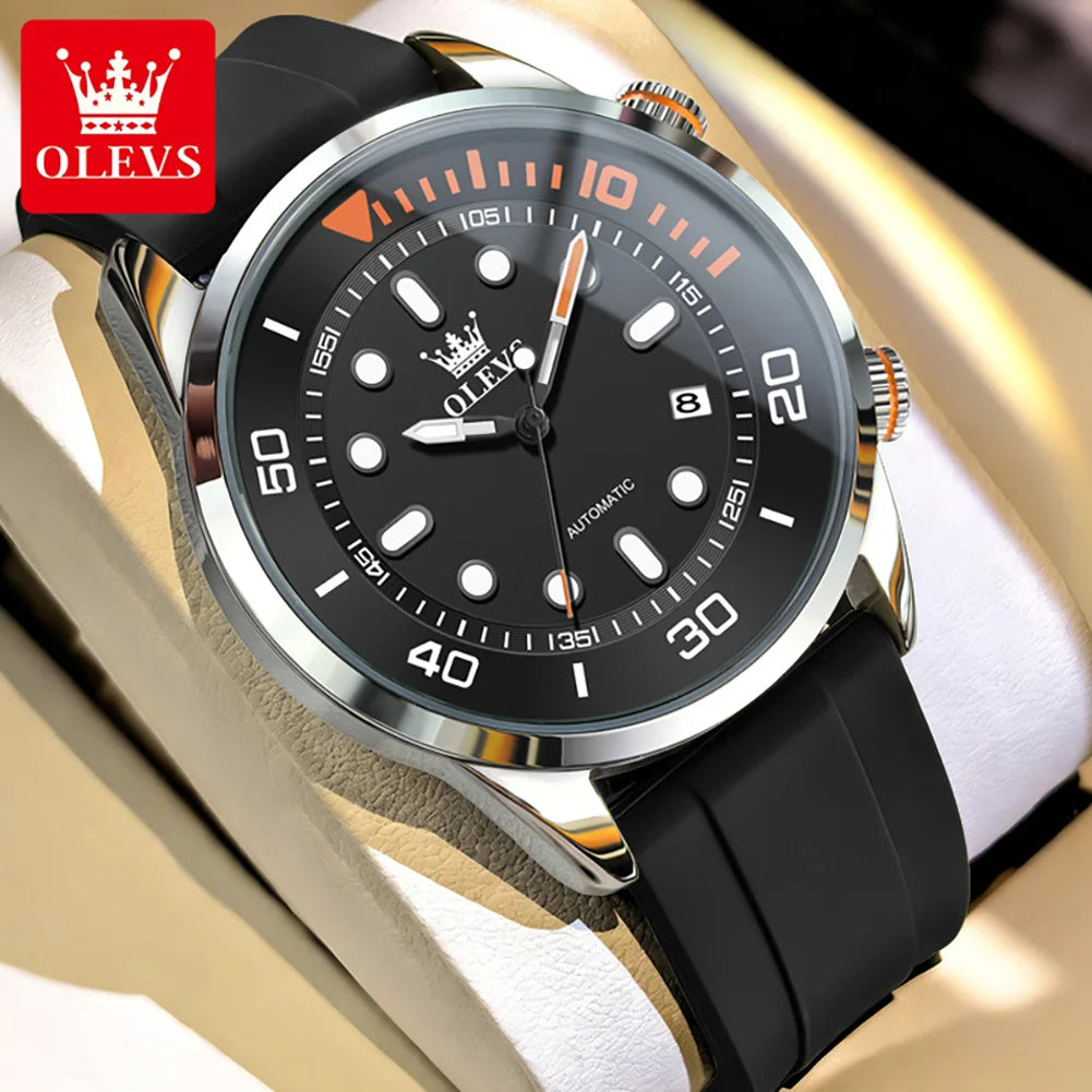 OLEVS Automatic Men's Watches Luxury Top Brand Green Water Ghost Diving Series Silicone Strap Original Mechanical Man Watch 6751
