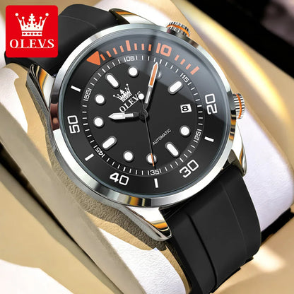OLEVS Automatic Men's Watches Luxury Top Brand Green Water Ghost Diving Series Silicone Strap Original Mechanical Man Watch 6751