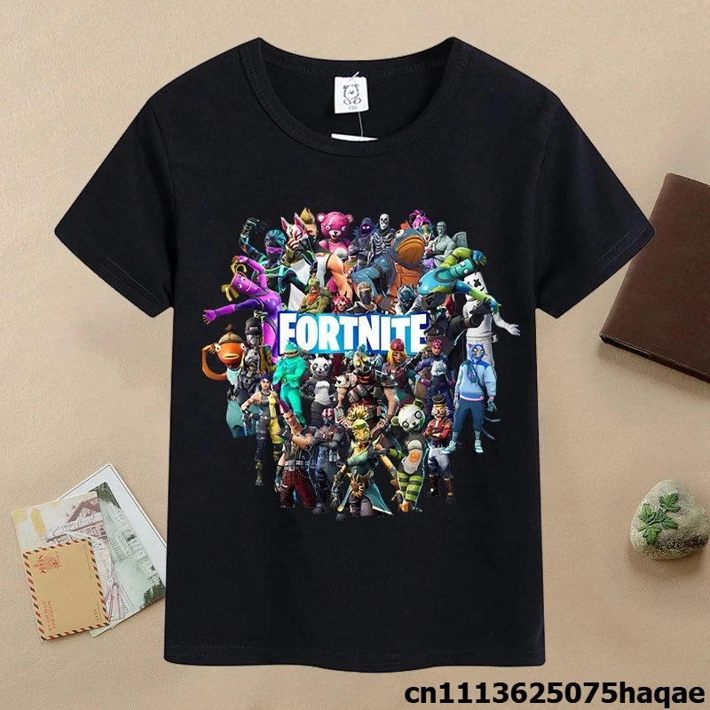 T-shirt de verão para criança Fortnites, com estampado de figura de jogo em estilo cartoon, T-shirt casual desportiva para rapaz, manga curta, vestuário infantil