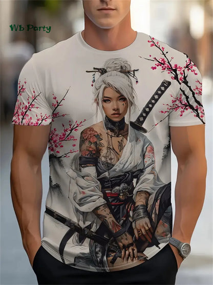 Maglietta da uomo con motivo Sakura Samurai - Maglietta a maniche corte ispirata agli anime giapponesi - Top Harajuku - Abbigliamento casual oversize estivo da uomo