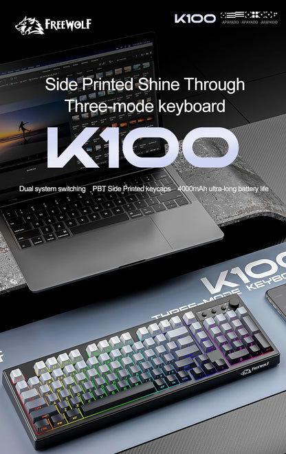 FREEWOLF K100 Wireless Keyboard Quiet with Media Knob|Side-print Backlit|4000mAh|26-Key Rollover Mechanical Feel Keyboard