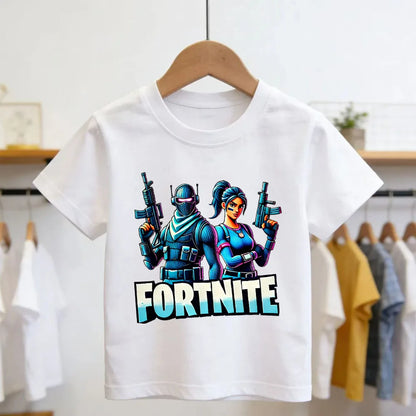 T-shirt infantil branco de algodão com estampado cartoon do tema Fortnite, manga curta, verão, jogo popular
