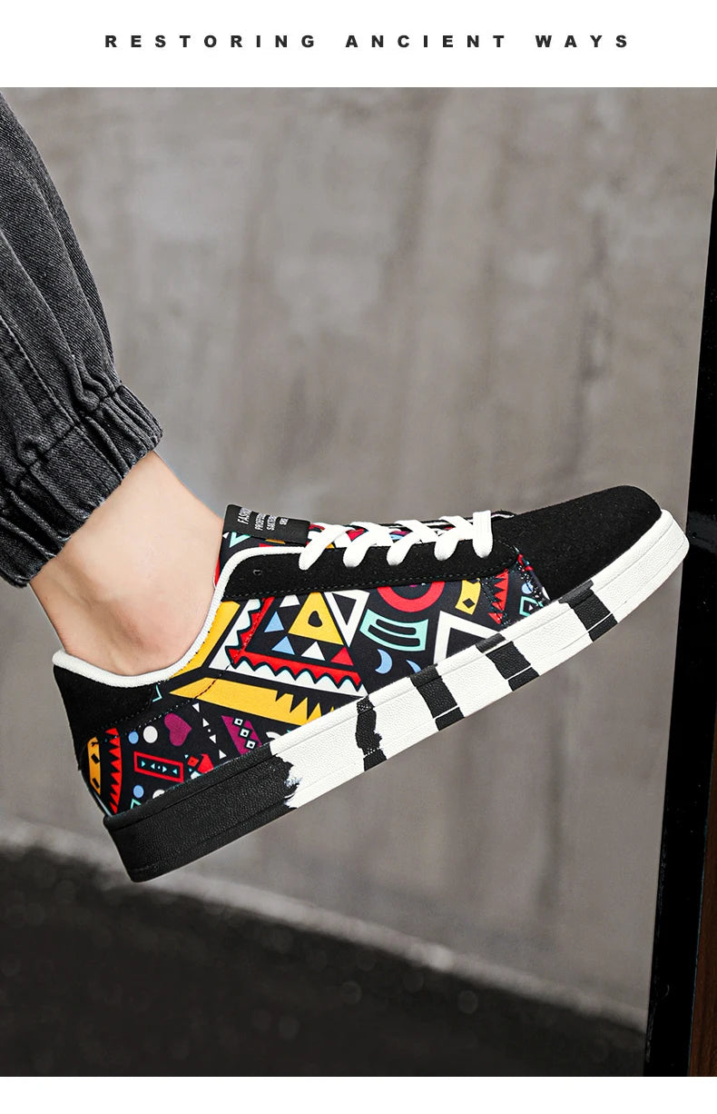 Zapatillas deportivas de running para hombre YRZL de lona con estilo geométrico, zapatillas con cordones para pareja, zapatos de skate para hombre con estampado grafiti moderno