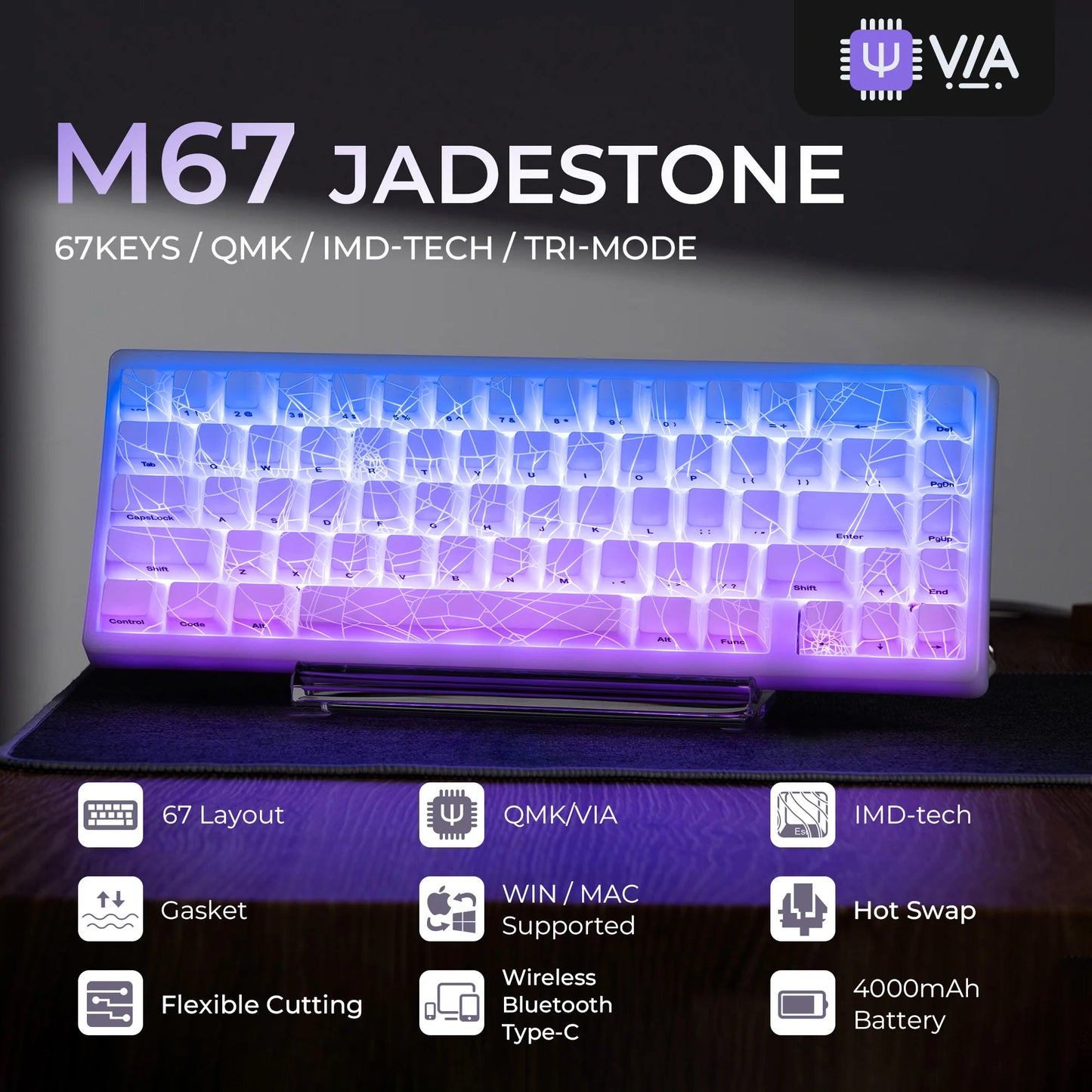 Teclado XVX Spider Web M67 JadeStone com Teclas IMD-Tech, Ligação Tri-Mode e Retroiluminação RGB Personalizada 60%