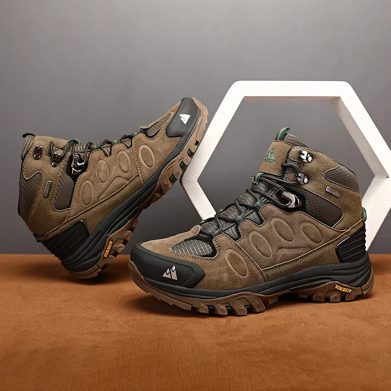 Botas de caminhada de cano alto HIKEUP para homem, calçado de inverno para exterior, com atacadores, antiderrapantes, desportivas casuais para trekking, impermeáveis, em camurça
