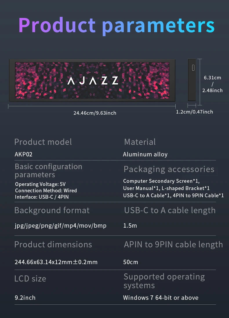 Schermo secondario universale DIY Ajazz AKP02 in lega di alluminio da 9.2 pollici con vari design personalizzabili, compatibile con Windows 7