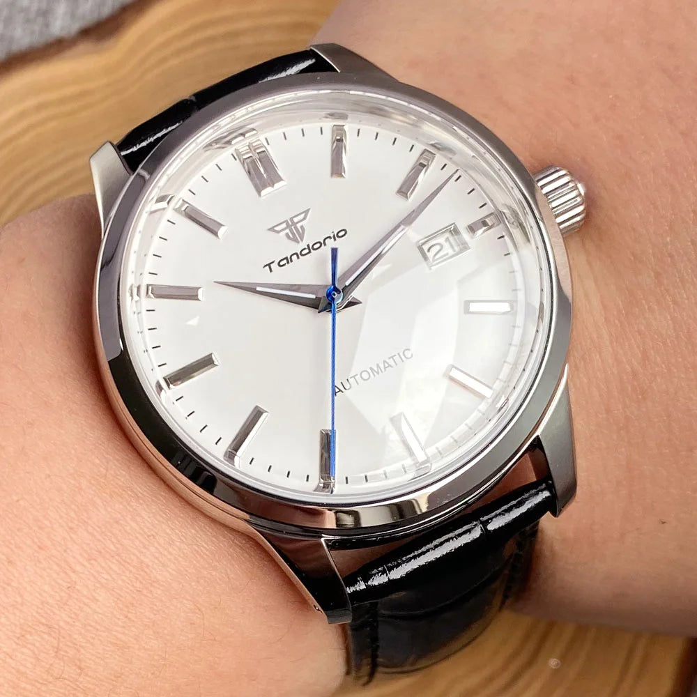 Tandorio 40mm Japanese NH35 Automatic 200M Diving Watch Men Beige Dial Bubble Sapphire Polished Case Glass Back Screw Crown