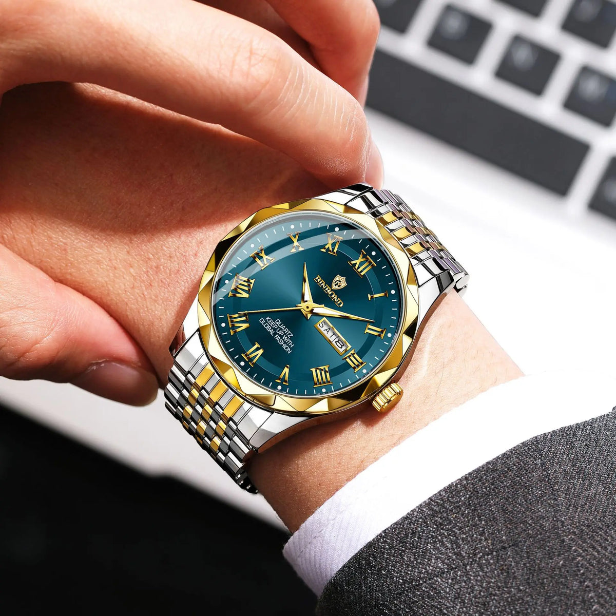 Orologio da polso di lusso al quarzo BINBOND Original Brand da uomo, luminescente, impermeabile, data automatica, indicazione del giorno della settimana, stile casual.