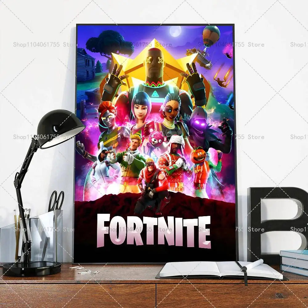 F-Fortnites-Game Póster Popular Autocolante de Arte em Papel Impermeável para Decoração de Parede de Café, Bar e Quarto