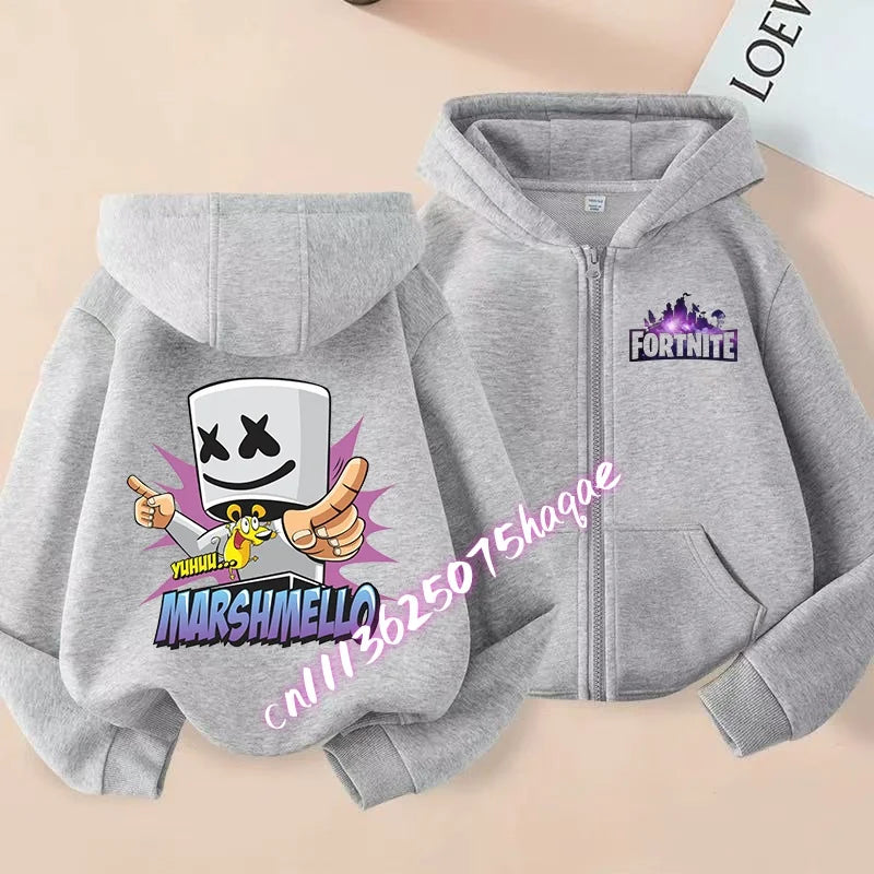 Casaco com capuz infantil Fortnite de outono, com fecho, estampado com personagem de jogo em estilo cartoon, casaco de inverno para criança, roupa para menino