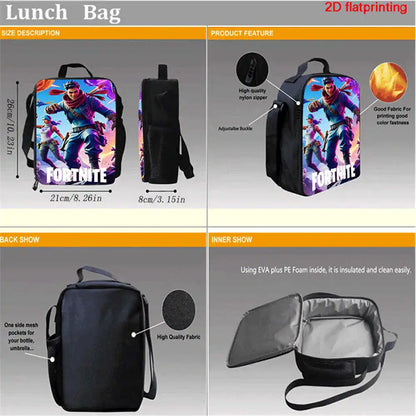 Fortnite cartoon lunch bag, portable insulated lunch bag, reusable food storage bag, suitable for children and students.