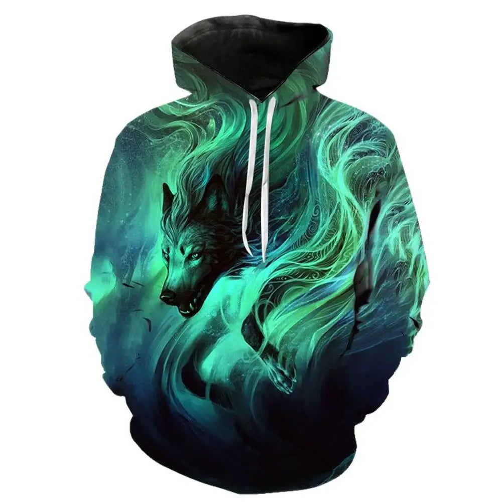 Sweatshirt com Capuz Lobo 3D Estampado, Estilo Europeu e Americano, Pullover Casual de Manga Comprida com Personalidade Animal, Modelo Popular