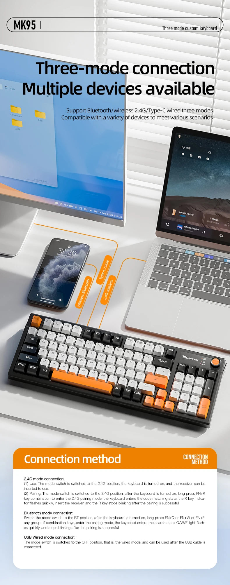 SMAILWOLF MK95 Bluetooth Wireless Korean Mechanical Keyboard Customized Gaming Laptop for Office Use with RGB Light Effect