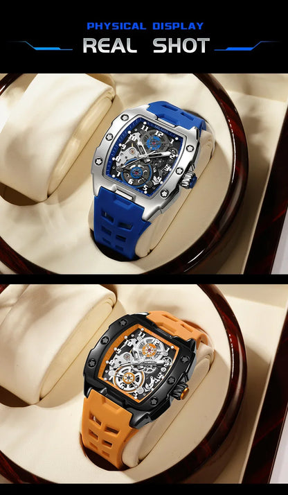 MEGIR Fashion Sport Alloy Case Men Mechanics Watch Waterproof Silicone Band Barrel Shaped Dial Luminous Pointer Man Wristwatches