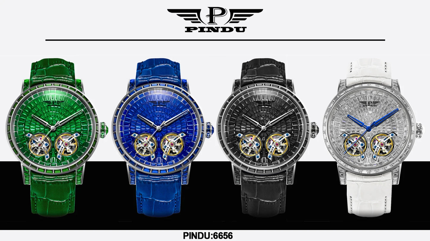 2026 PINDU Design New Diamond Mechanical Watch Men Top Luxury Double Flying Wheel Watch Sapphire Glass Waterproof Watch Leather