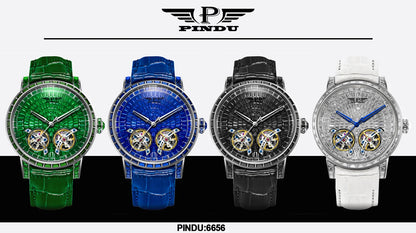2026 PINDU Design New Diamond Mechanical Watch Men Top Luxury Double Flying Wheel Watch Sapphire Glass Waterproof Watch Leather