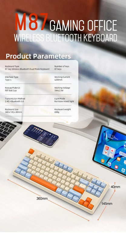 Tastiera M87 wireless Bluetooth dual mode, sensazione meccanica, gaming e ufficio silenziosa, copritasti sferici in PBT, illuminazione arcobaleno