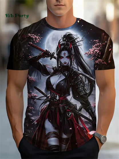 Maglietta da uomo con motivo Sakura Samurai - Maglietta a maniche corte ispirata agli anime giapponesi - Top Harajuku - Abbigliamento casual oversize estivo da uomo