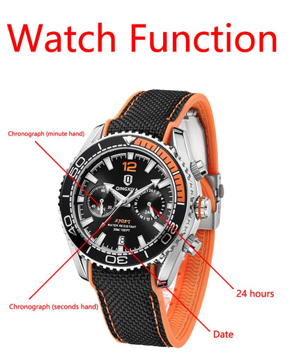 QINGXIYA Brand Luxury Multifunctional Quartz Watch Men Silicone Strap Waterproof Luminous Chronograph Watches Mens Sports Watch