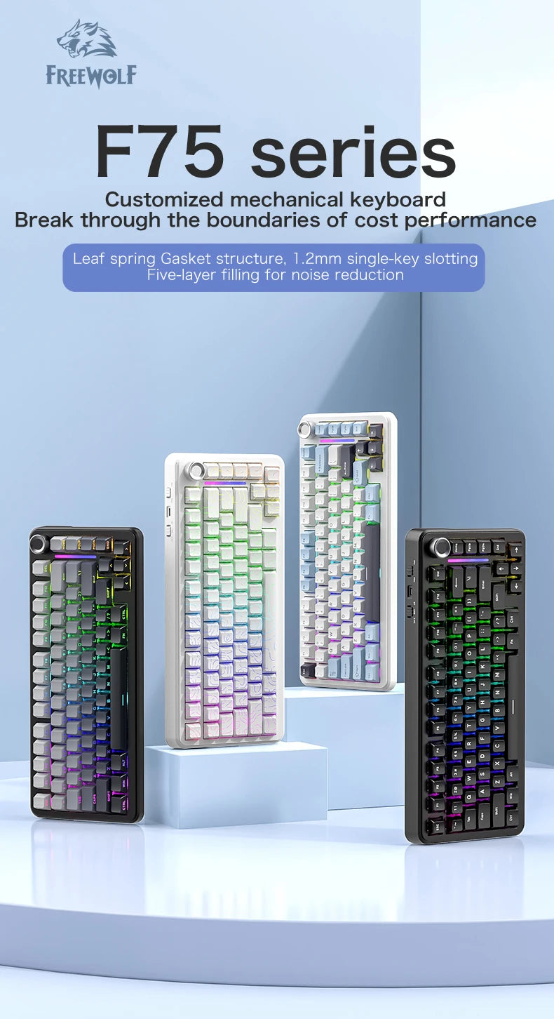 Teclado mecânico F75 FREEWOLF * AULA F75 Bluetooth de três modos, dedicado a gaming e utilização em escritório