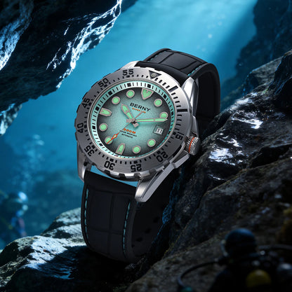 BERNY Automatic Diver Watch for Men Frosted Dial MIYOTA 8215 316L Supper Luminous Sapphire AR Fluororubber Men's Diving Watches