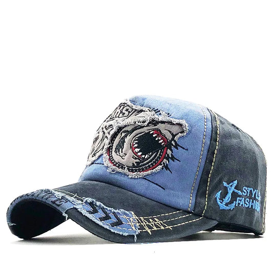 Trendy Shark Pattern Washed Baseball Cap for Men Women, Outdoor Fishing Sun Hat, Unisex Vintage Hip Hop Flat Brim Caps