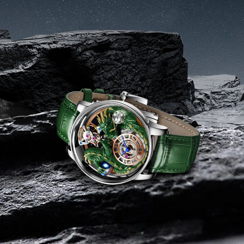 PINDU Design New 3D Dragon Earth Theme Quartz Watches Men Celestial Series Curved Mirror Transparent Design Watch Wristwatches