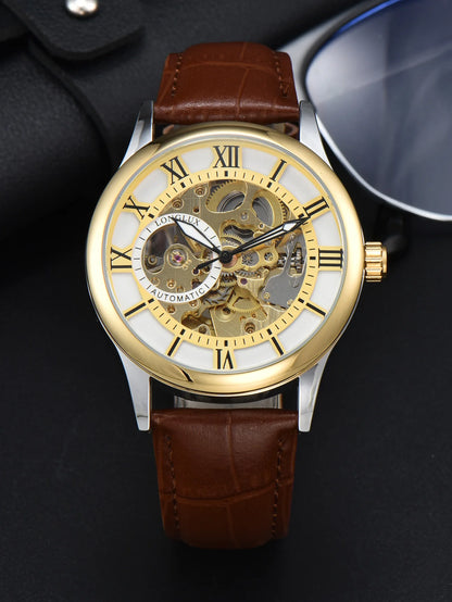Relógio automático para homem, estilo de luxo, mostrador com algarismos romanos, mecanismo visível (esqueleto), resistente à água, ponteiros luminescentes, bracelete em pele – Uma escolha ideal para oferecer como presente.