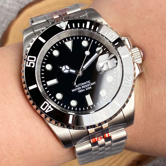 Relógio de Homem Automático Miyota8215 Impermeável 200m, Relógio de Mergulho 40mm com Movimento Mecânico, Luminoso, Bracelete Jubilee e Fecho Glide Lock