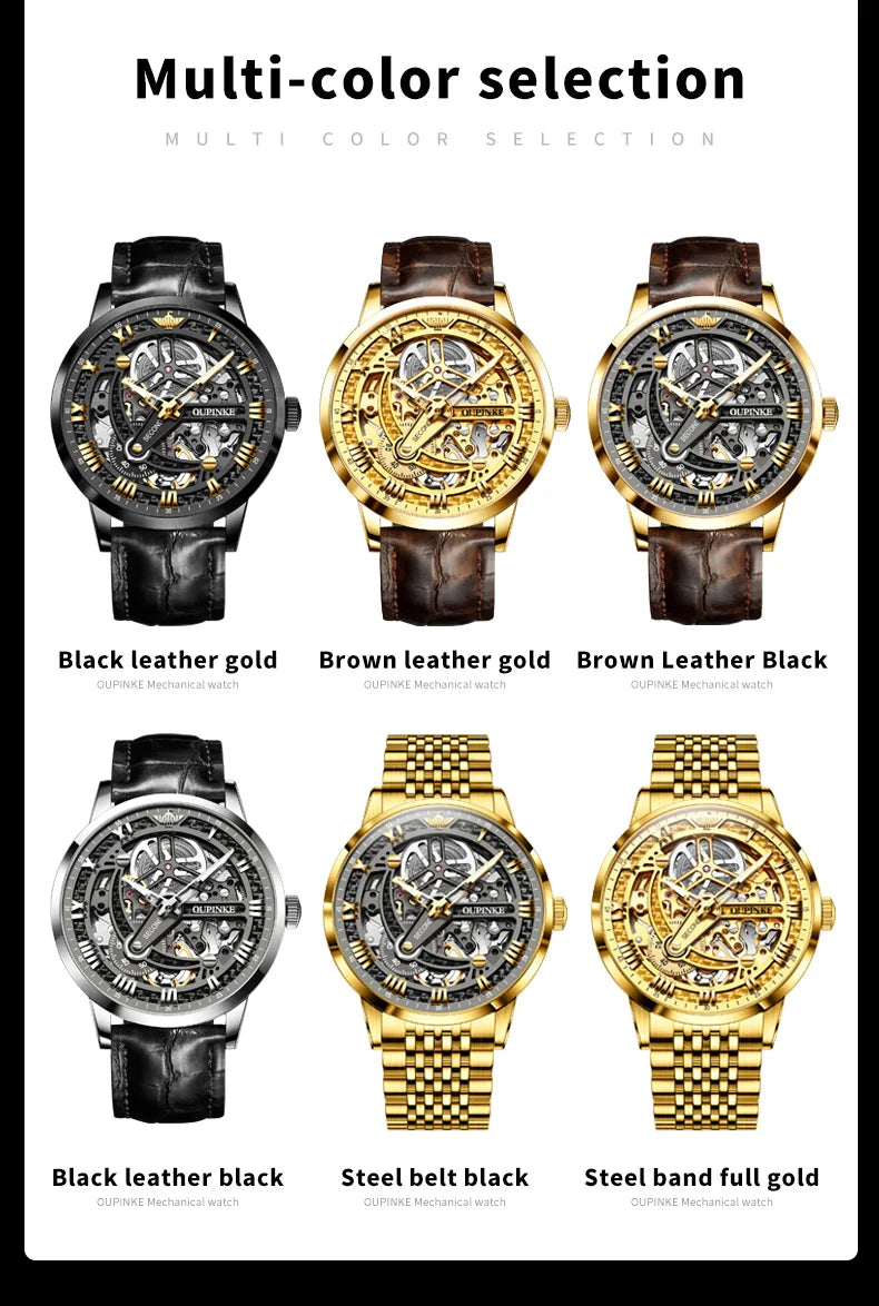 OUPINKE 3173 Skeleton Automatic Mechanical Watch Luxury Brand 50M Waterproof Watch Leather Strap Mens Watch Box Gifts Reloj