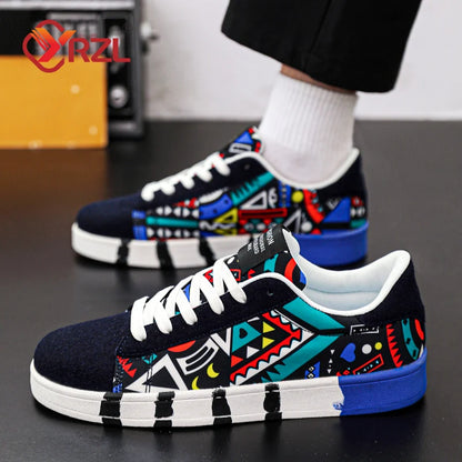 Zapatillas deportivas de running para hombre YRZL de lona con estilo geométrico, zapatillas con cordones para pareja, zapatos de skate para hombre con estampado grafiti moderno