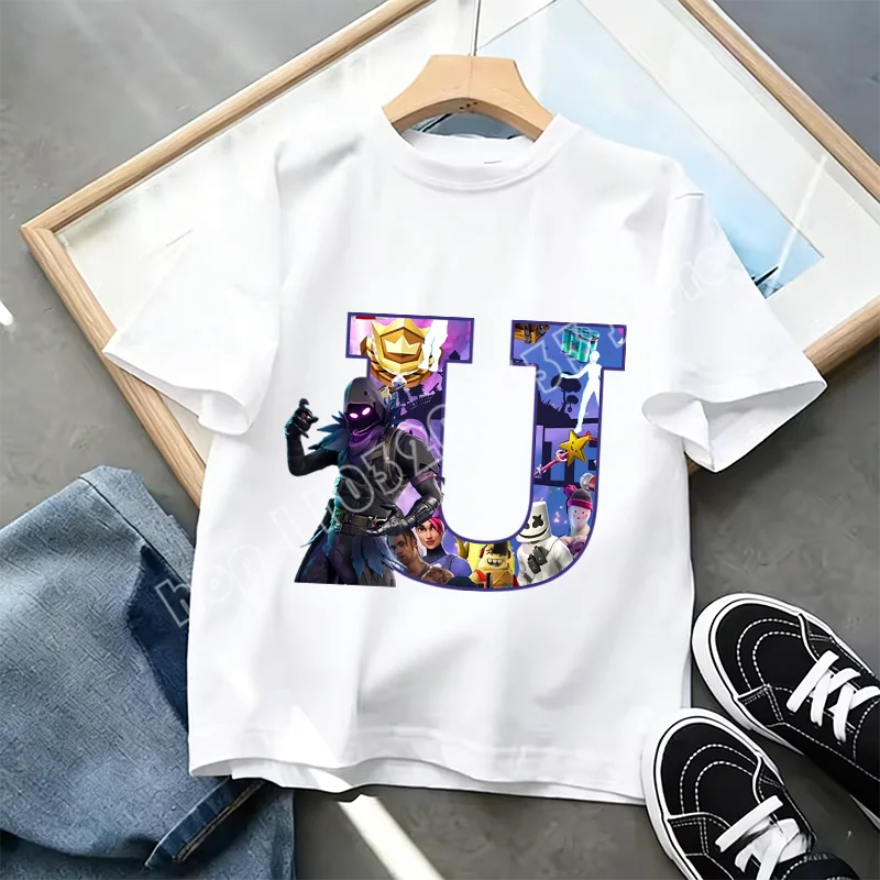 T-shirt Infantil Branco Fortnite com Estampado Alfabeto A-Z — Roupa de Verão, Jogo de Desenhos Animados Popular, Manga Curta Casual, Presente de Moda