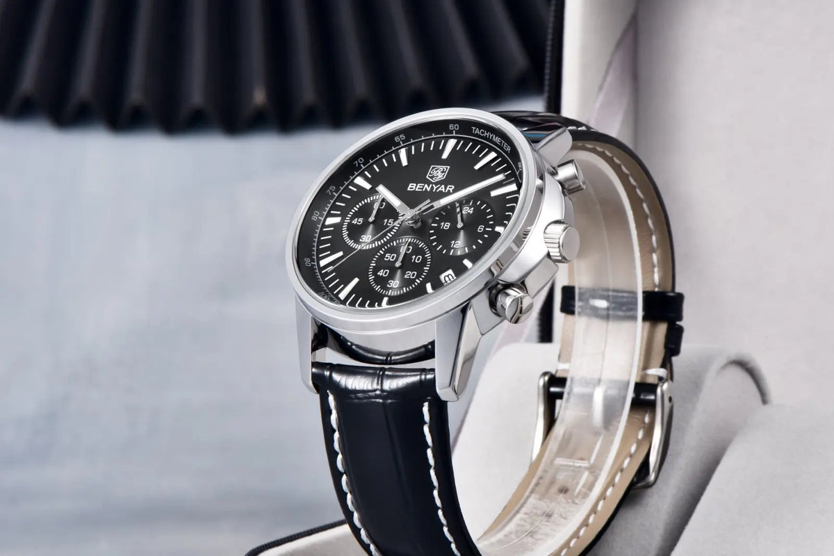 Relógio de luxo para homem Benyar – Cronógrafo com data, bracelete em pele, estanque, luminescente, estilo desportivo e militar, relógio de quartzo