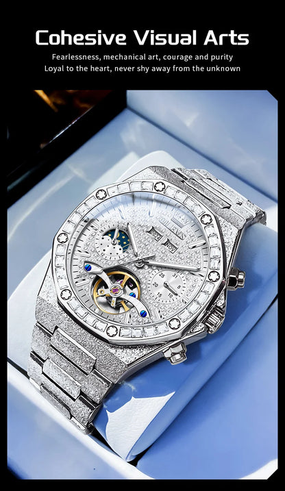 OLEVS 9805 Mens Watch Original Brand Tourbillon Automatic Mechanical Watch Diamond Dial Waterproof Moon Phase Watches For Men