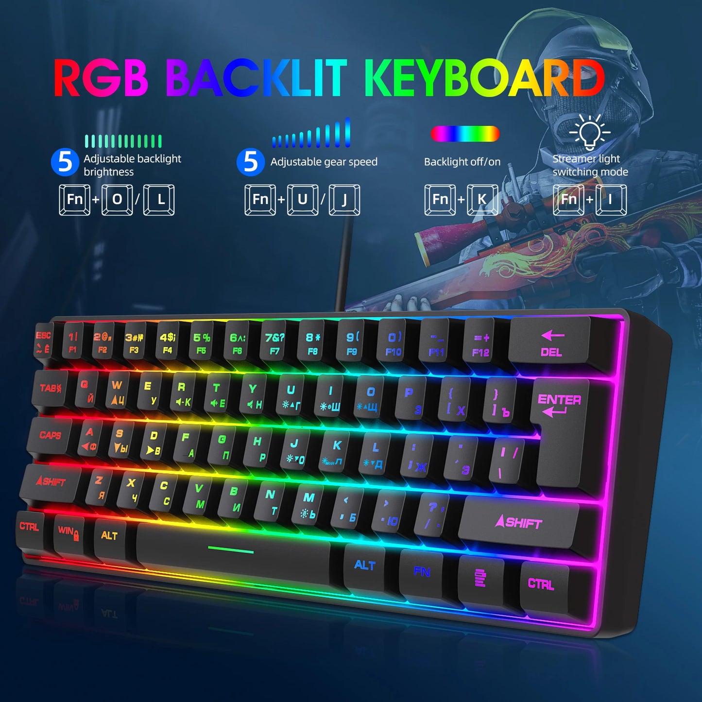 Teclado Gaming, Teclado Ultra-Compacto de 61 Teclas Russo/Inglês com Retroiluminação RGB, Teclado de Escritório Gaming Impermeável com Sensação Mecânica