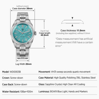 Watchdives WD0003B ‌Aventurine Dial Watch VH31 Quartz Movement Sapphire Crystal Luminous 100m Waterproof 36mm Vintage Watches
