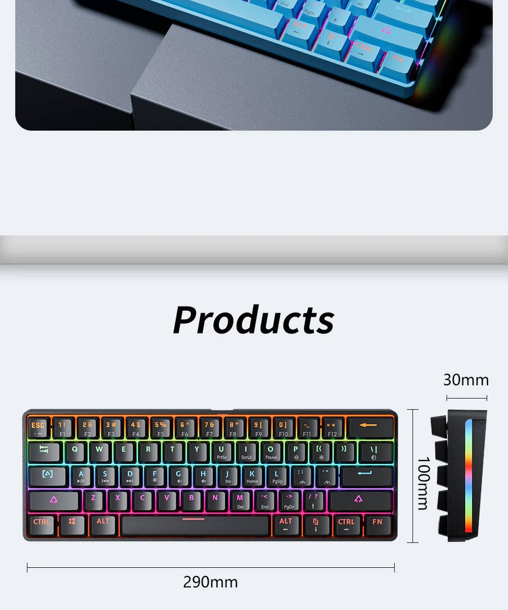 MUCAI MK61 USB Gaming Esports Mechanical Keyboard 61 Key Red Axis Wired Detachable Cable RGB Backlight Hot Swap