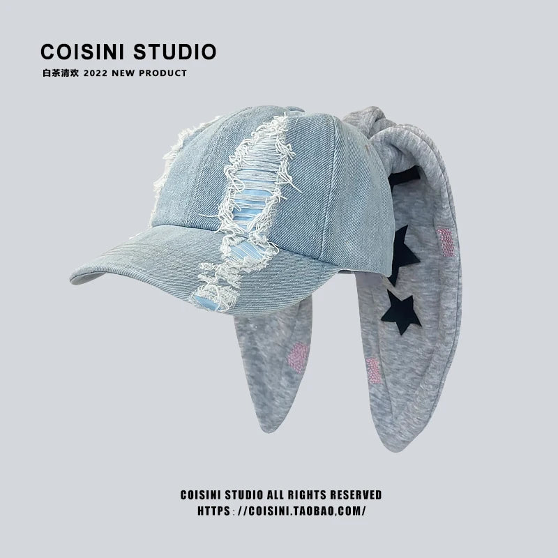 Niche Y2k Rabbit Ears Denim Ripped Baseball Cap Men and Women Dark Personality Metal Ring Street Trend Adjustable Sports Hat