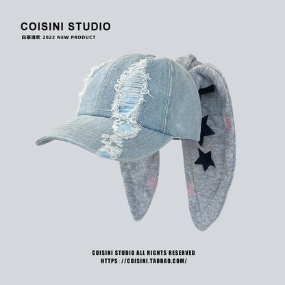 Niche Y2k Rabbit Ears Denim Ripped Baseball Cap Men and Women Dark Personality Metal Ring Street Trend Adjustable Sports Hat