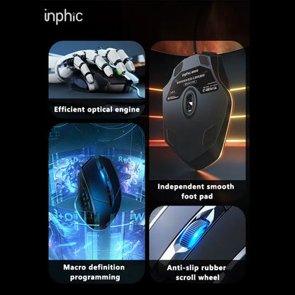 Mouse cu fir Inphic W1, mouse eSports pentru gaming, mouse silențios pentru birou, opțiuni cu trei taste și șase taste