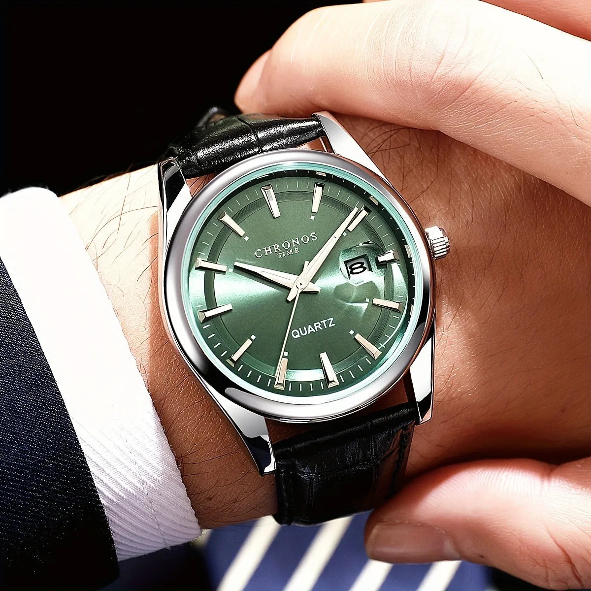 CHRONOS Men Classic Quartz Wrist Watch with Calendar Luminous Dial Leather Strap Casual Business Leisure Outdoor Sports Watches