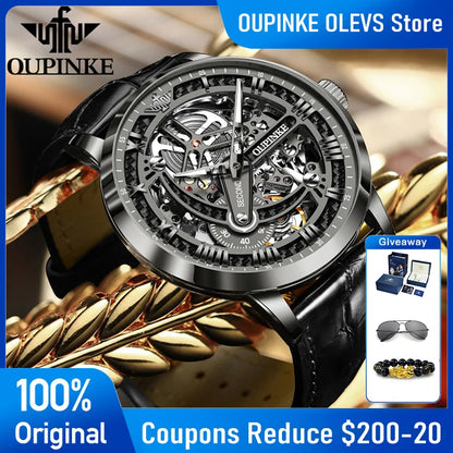 OUPINKE 3173 Skeleton Automatic Mechanical Watch Luxury Brand 50M Waterproof Watch Leather Strap Mens Watch Box Gifts Reloj