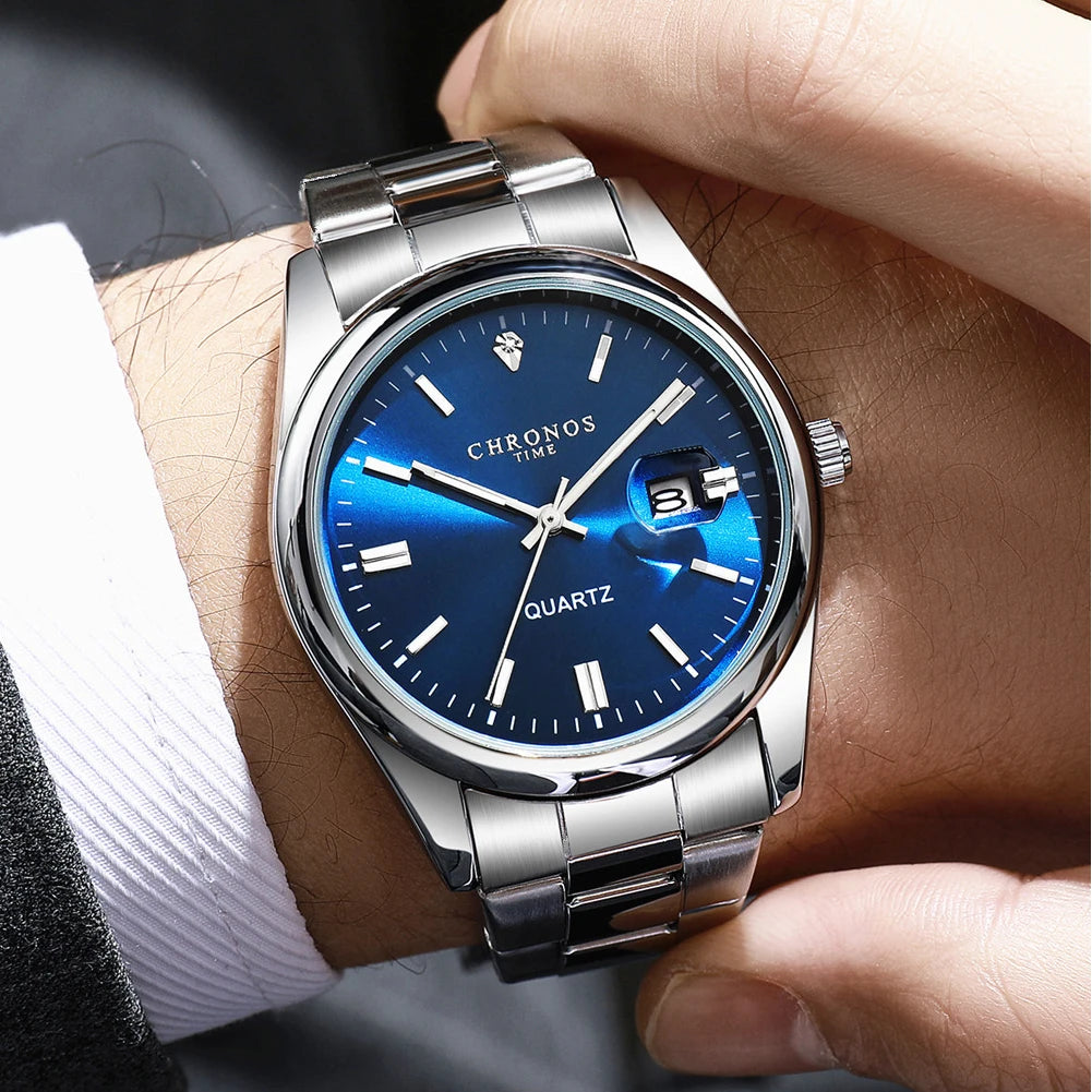 CHRONOS men’s wristwatch – Luxury brand, water-resistant, luminous, with date display, made of stainless steel, quartz movement.