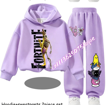 Sweats com Capuz Infantis Estampadas Fortnite, Conjunto Cartoon Confortável de 2 Peças, Tops Largos de Manga Comprida com Calças, Roupa de Outono/Inverno, Presente