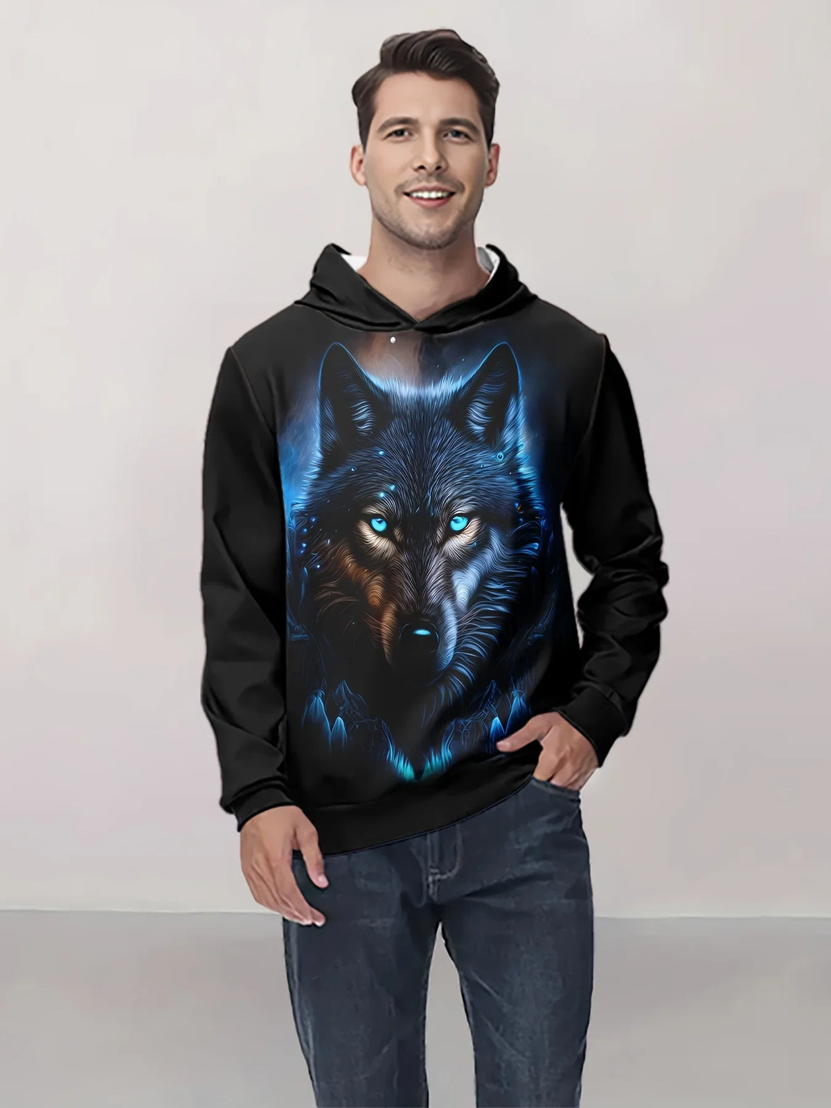 2025 Fashion Men's Autumn Wolf Printed Comfortable Soft Hooded Sports Shirt Outdoor City Street Top