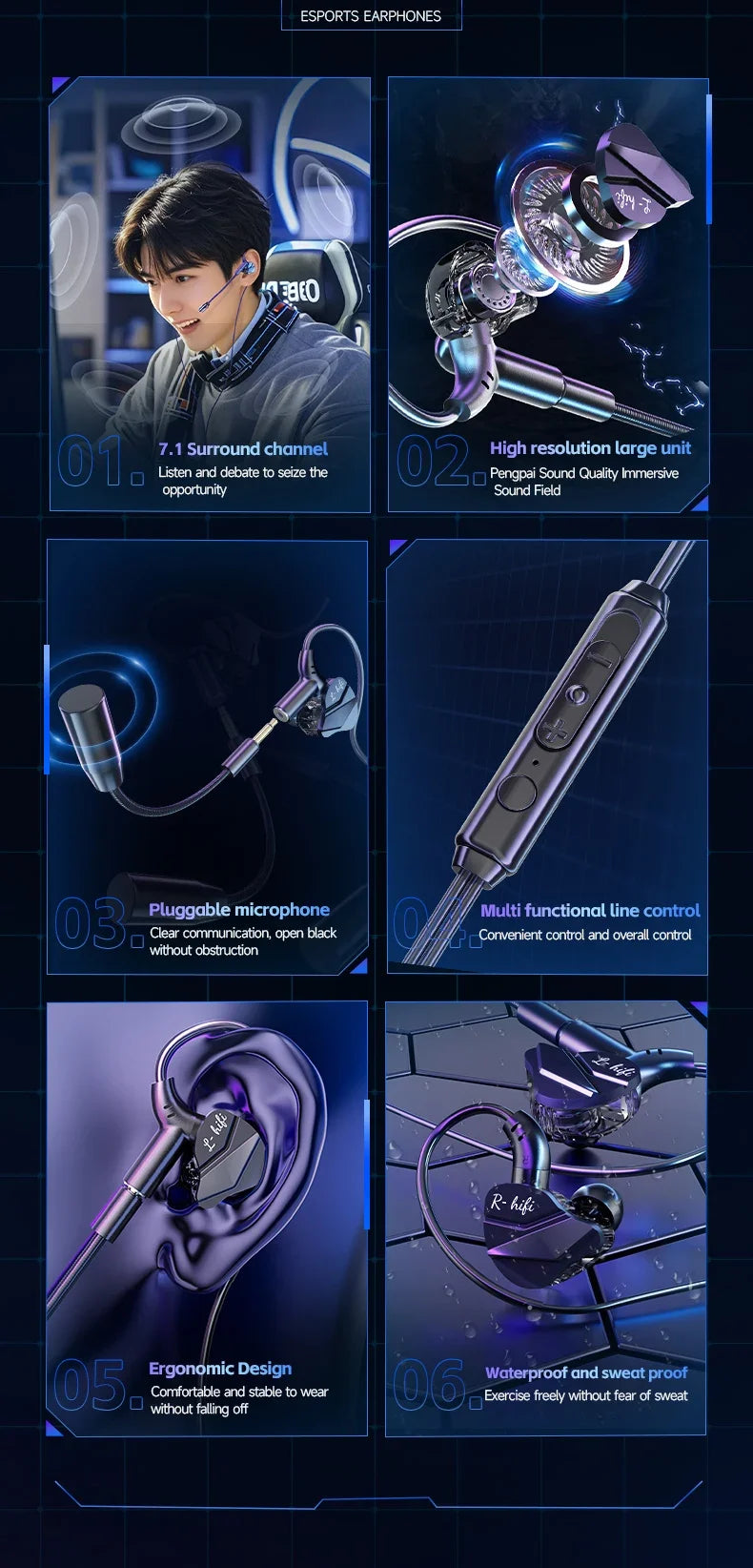 Gaming Earbud Gamer Headphone With Dual Microphones Typec&3.5mm In-ear Earphones HiFi Stereo Headsets Sport with Mic for Samsung