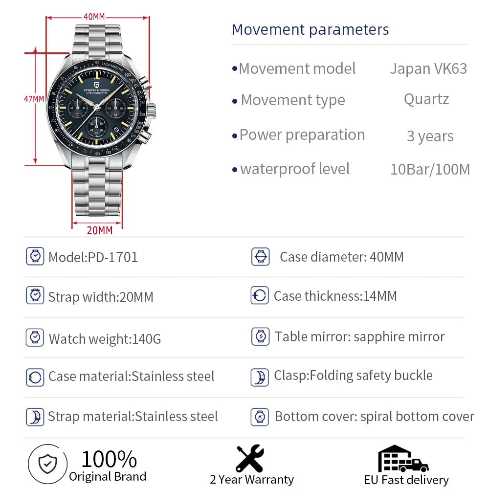 PAGANI DESIGN PD1701 Tribute to CK2998 Moon Watch Retro Quartz Watch For Men AR Sapphire crystal Sport Chronograph Man 2026 New
