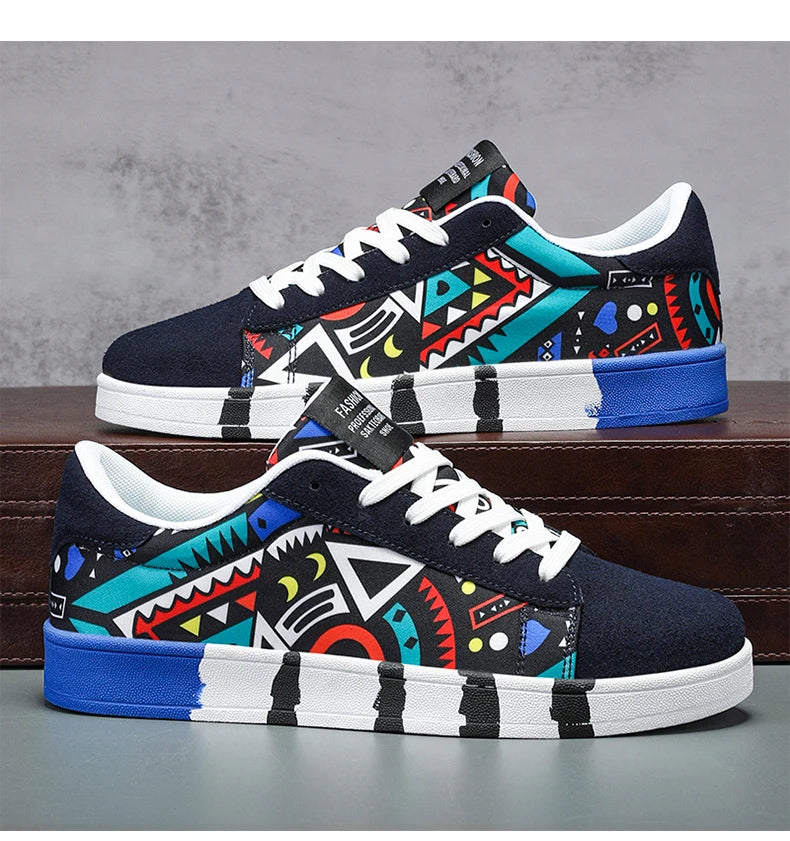Zapatillas deportivas de running para hombre YRZL de lona con estilo geométrico, zapatillas con cordones para pareja, zapatos de skate para hombre con estampado grafiti moderno